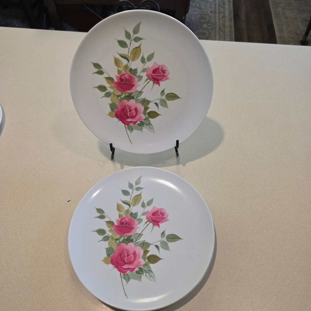 Park Avenue Melamine Melmac 10" Dinner Plates Set of 4, Pink Rose Floral Vintage